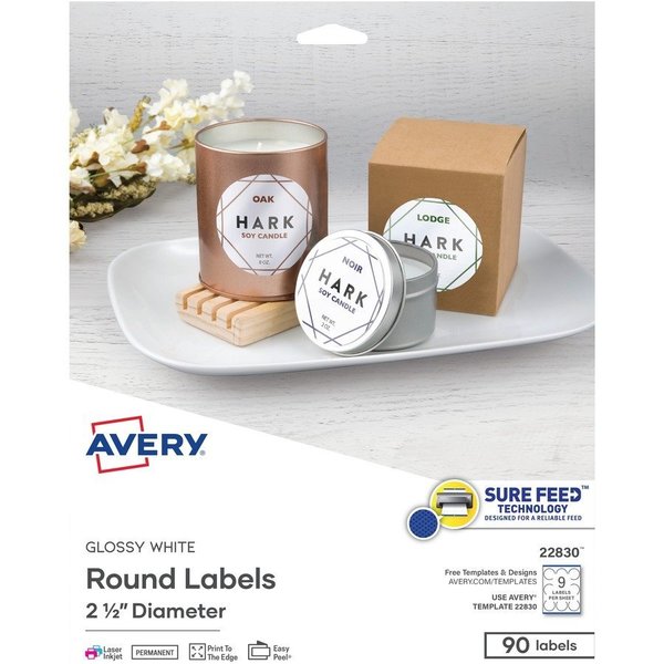 Avery Label, Round, 2.5"", Glossy Wht 90PK AVE22830